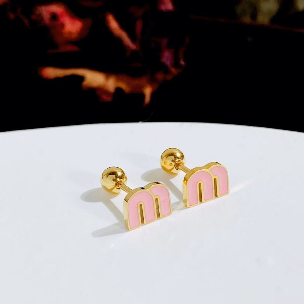 Dainty Pink Letter M Charm Stud‎ Earrings Stianless steel